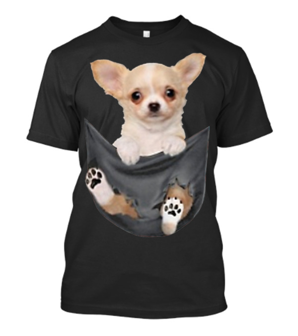 Chihuahua Pup Peeking From Pocket With Paws Visible T-Shirt