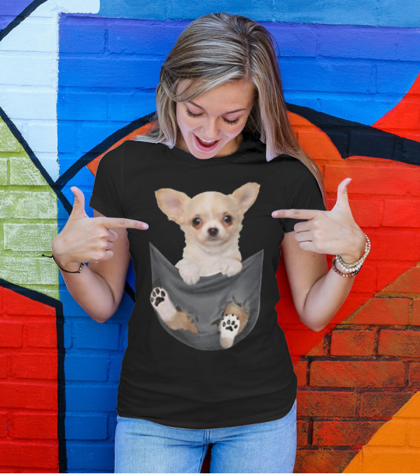 Chihuahua Pup Peeking From Pocket With Paws Visible T-Shirt