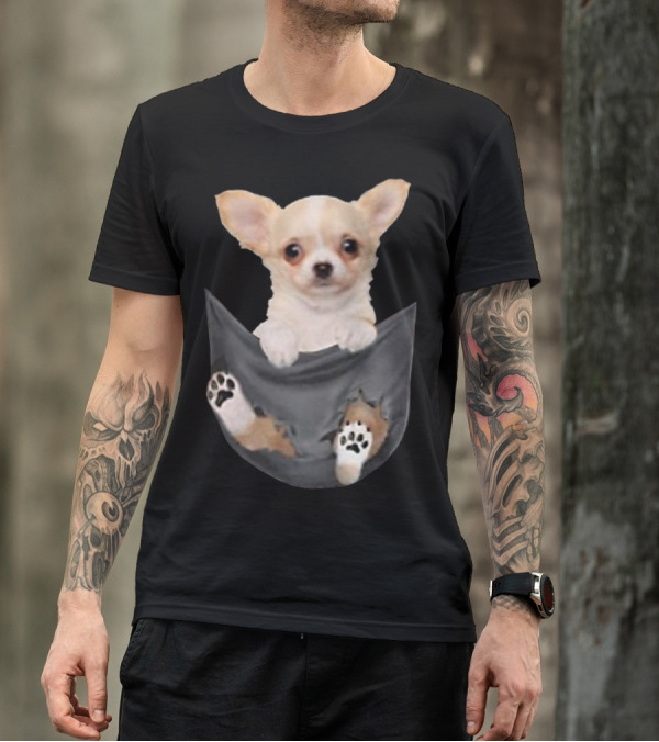 Chihuahua Pup Peeking From Pocket With Paws Visible T-Shirt