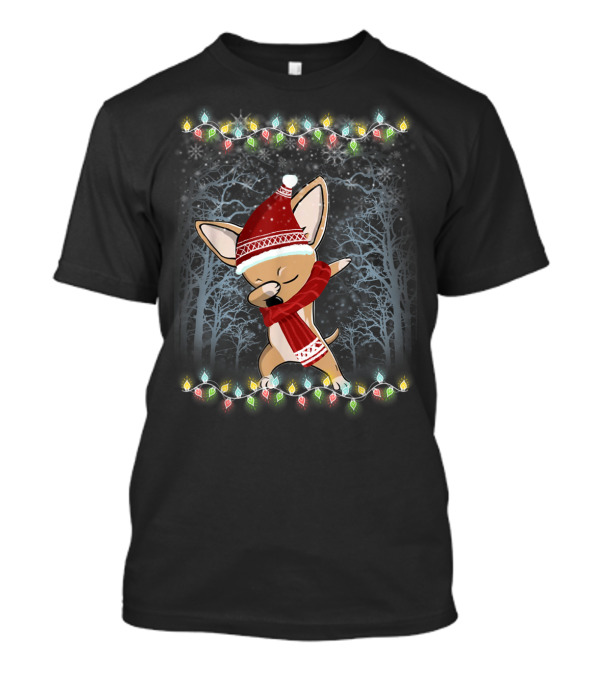Cute Festive Dog In Santa Hat With Dabbing Pose And Christmas Lights T-Shirt