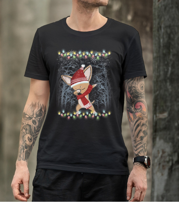 Cute Festive Dog In Santa Hat With Dabbing Pose And Christmas Lights T-Shirt