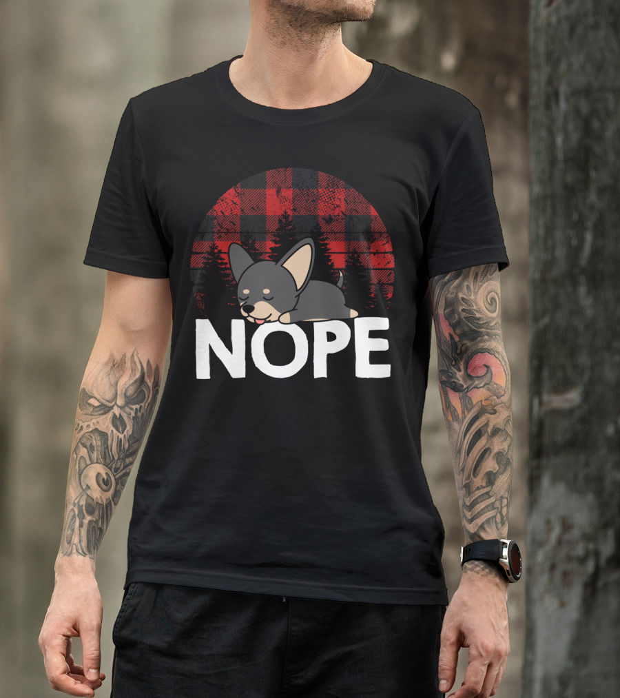 Nope Funny Lazy Chihuahua Dog Plaid Sleepy Puppy Scene T-Shirt