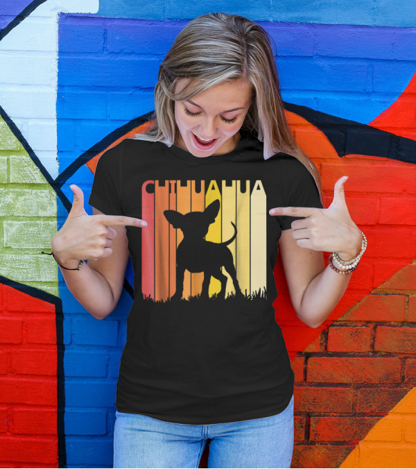 Retro Chihuahua Dog Silhouette On Colorful Stripes T-Shirt