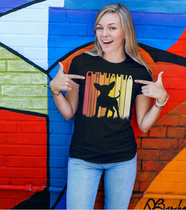 Retro Chihuahua Dog Silhouette On Colorful Stripes T-Shirt