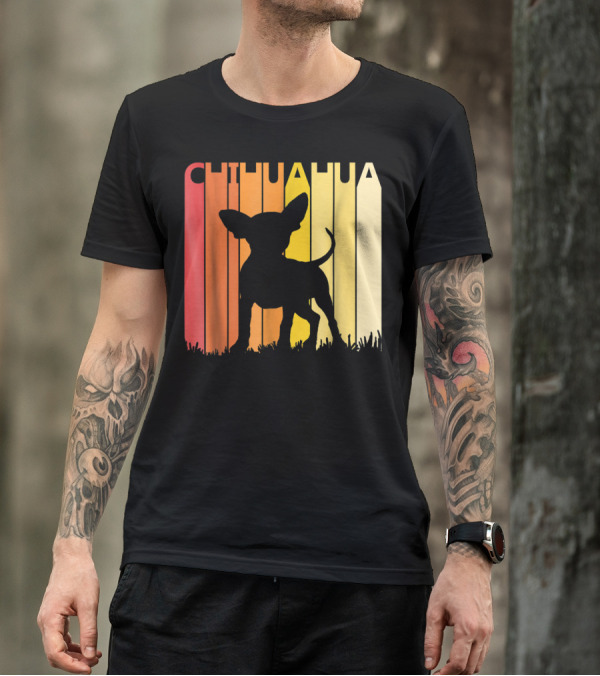Retro Chihuahua Dog Silhouette On Colorful Stripes T-Shirt