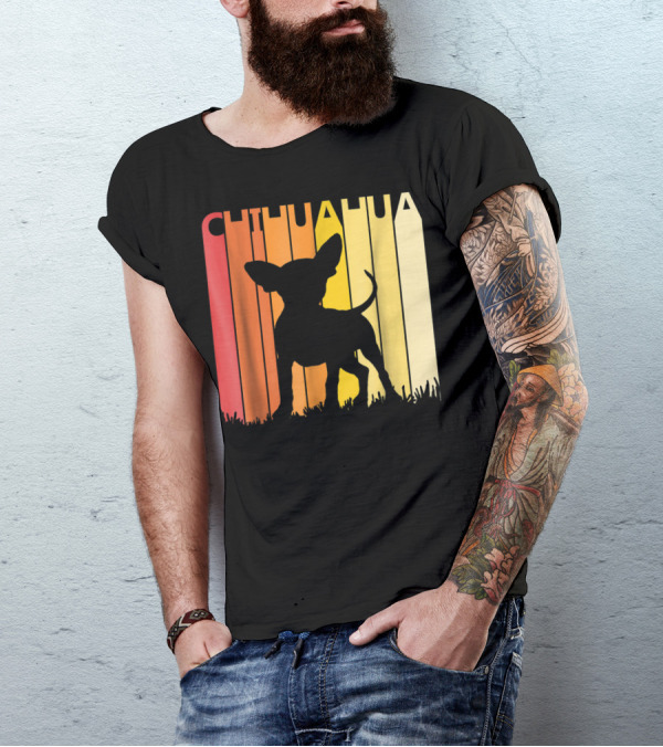 Retro Chihuahua Dog Silhouette On Colorful Stripes T-Shirt