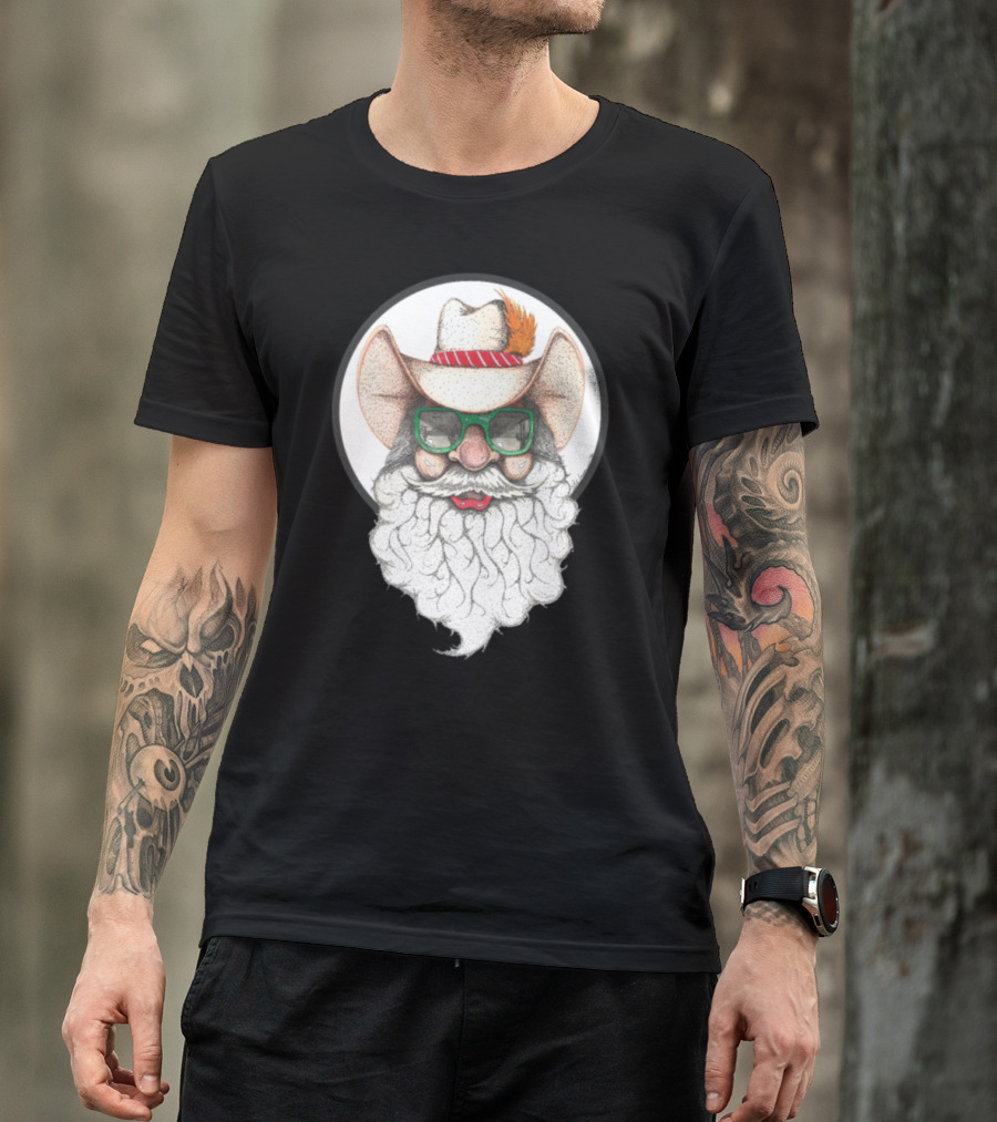 Holiday Cowboy Santa With Green Glasses And Feathered Hat T-Shirt