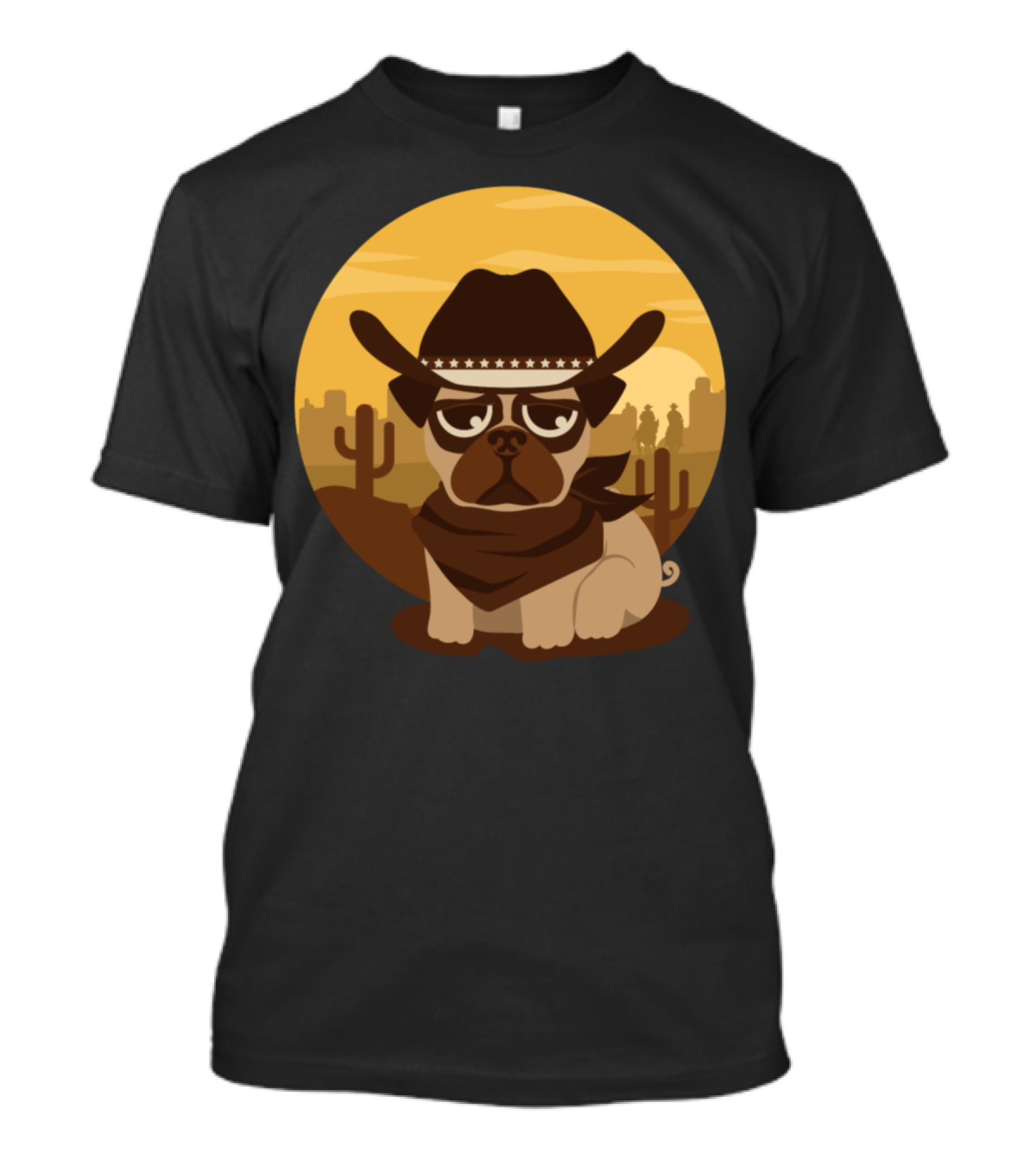 Lovely Pug Cowboy With Western Style Hat And Bandana In Desert Scene T-Shirt