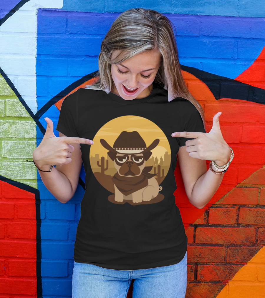 Lovely Pug Cowboy With Western Style Hat And Bandana In Desert Scene T-Shirt