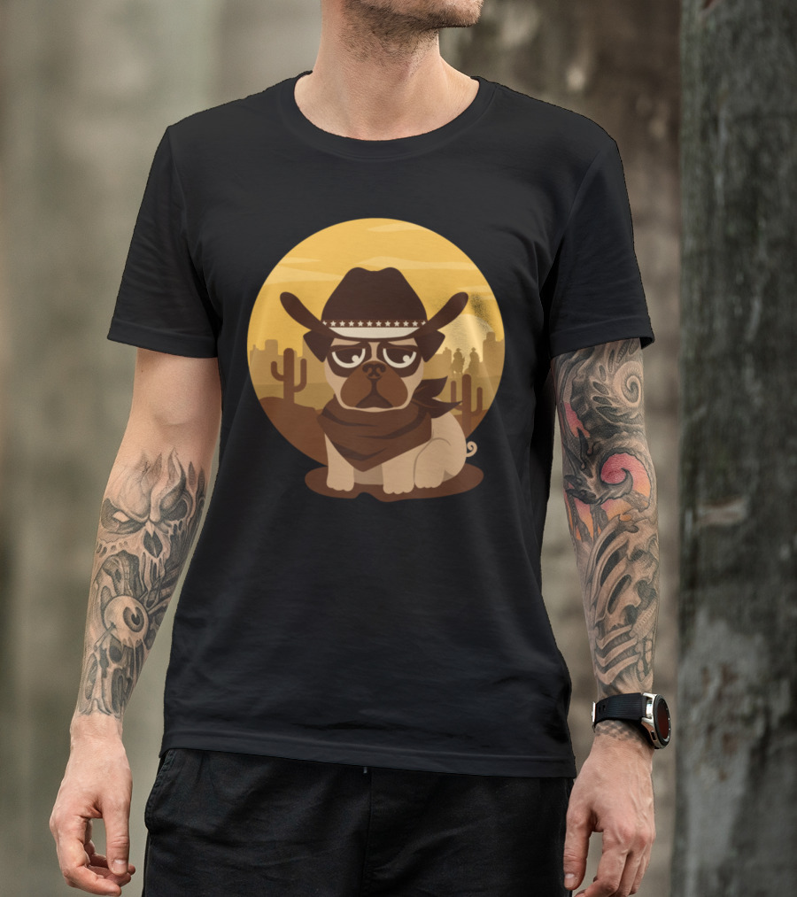 Lovely Pug Cowboy With Western Style Hat And Bandana In Desert Scene T-Shirt