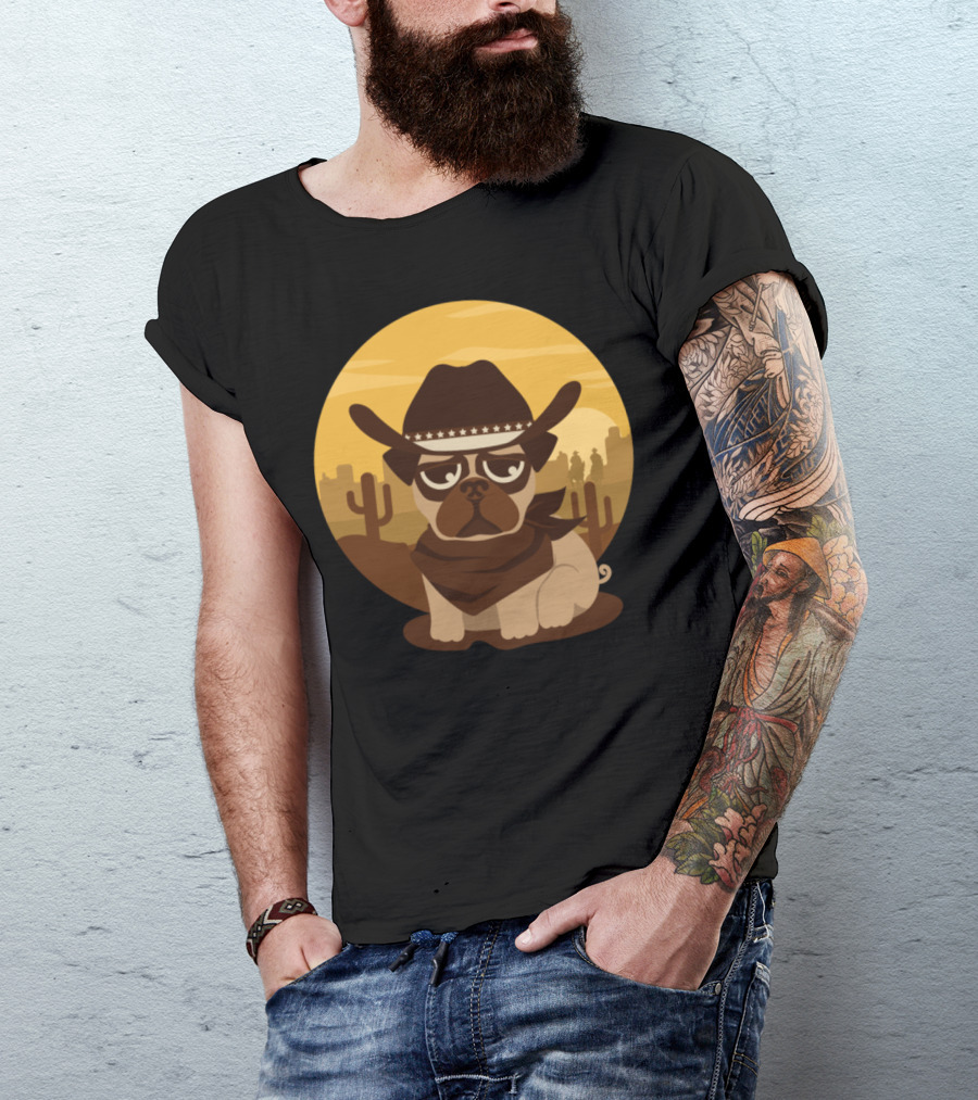 Lovely Pug Cowboy With Western Style Hat And Bandana In Desert Scene T-Shirt