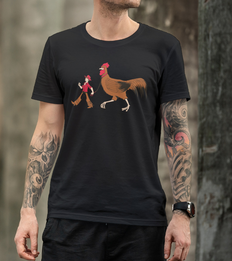 Mancowboyleadingagiantrooster Giant Rooster Cowboy Character T-Shirt