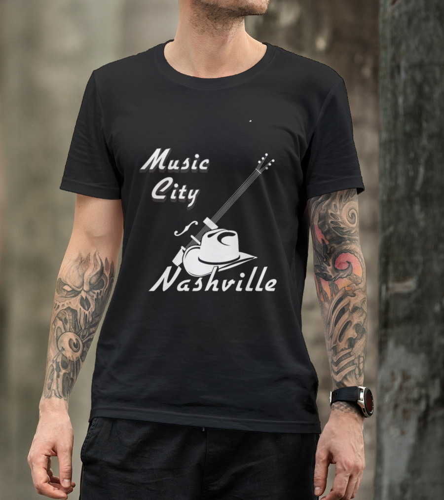 Music City Nashville Guitar And Cowboy Hat T-Shirt