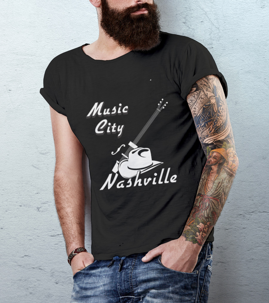 Music City Nashville Guitar And Cowboy Hat T-Shirt