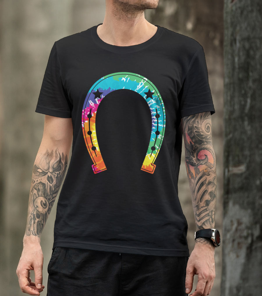 Rainbow Tie-Dye Horseshoe With Stars T-Shirt