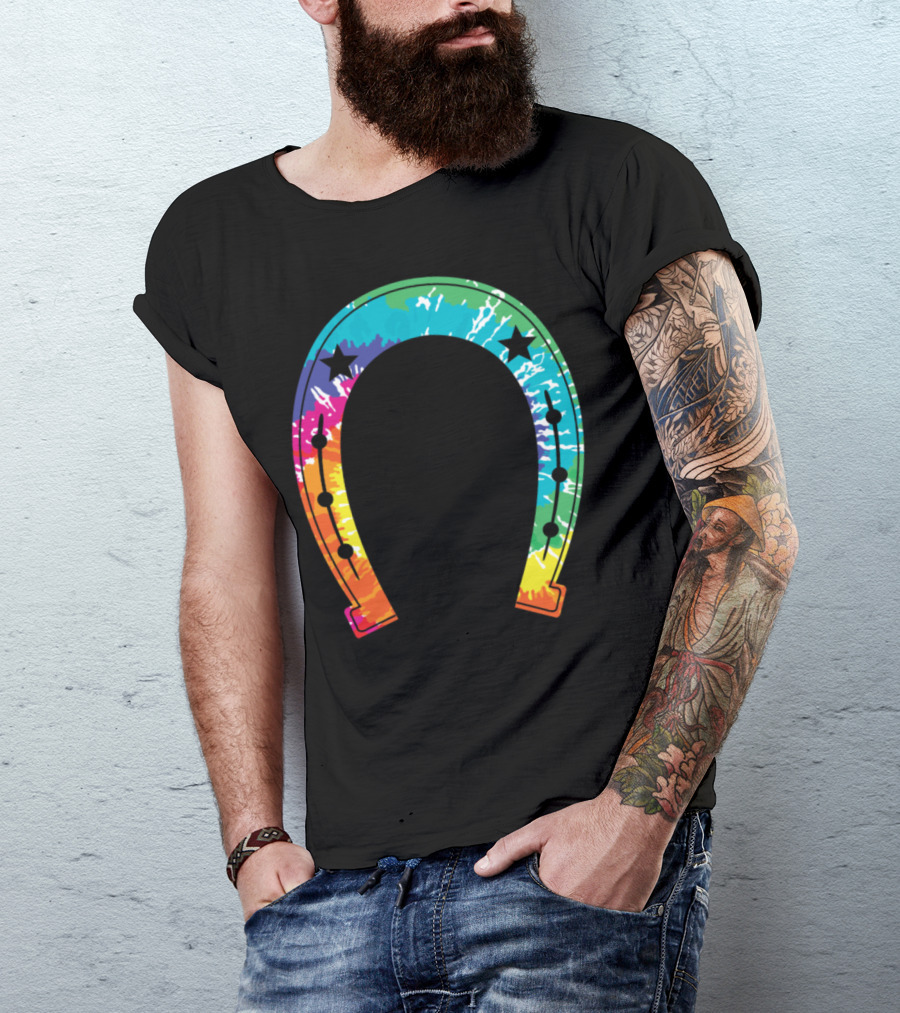 Rainbow Tie-Dye Horseshoe With Stars T-Shirt