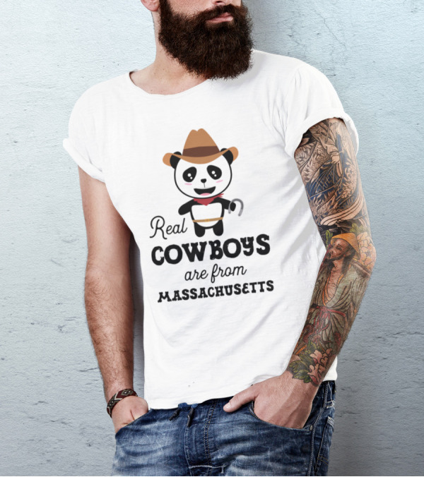 Real Cowboys Are From Massachusetts Panda With Cowboy Hat And Horseshoe T-Shirt