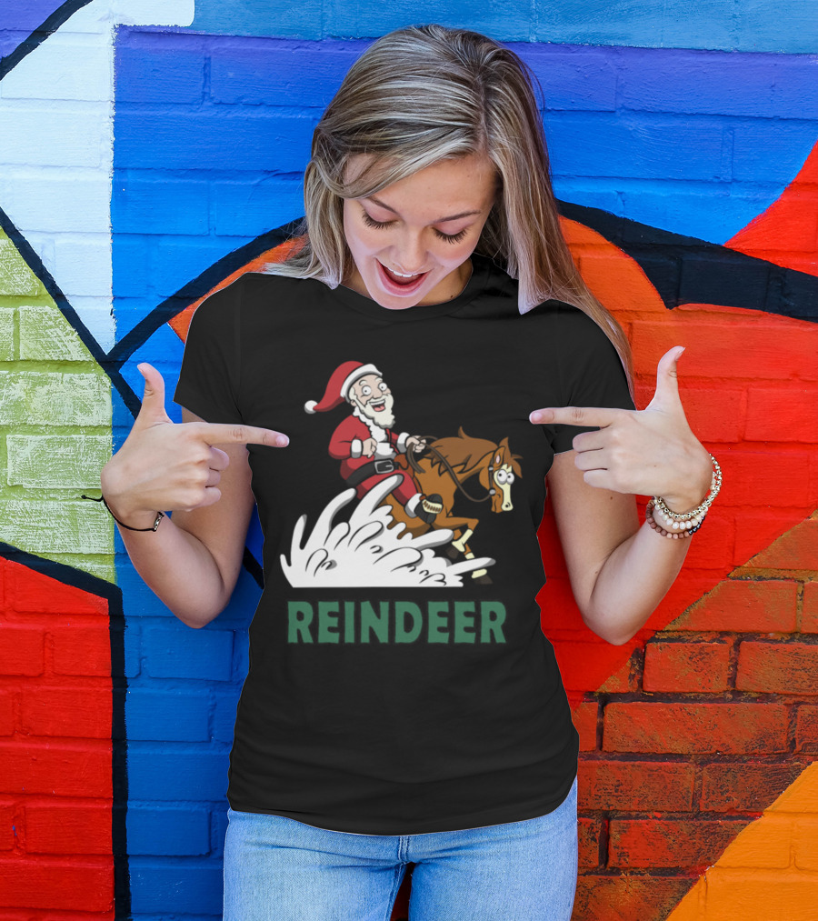Santa Riding Reindeer In Western Style Scene T-Shirt
