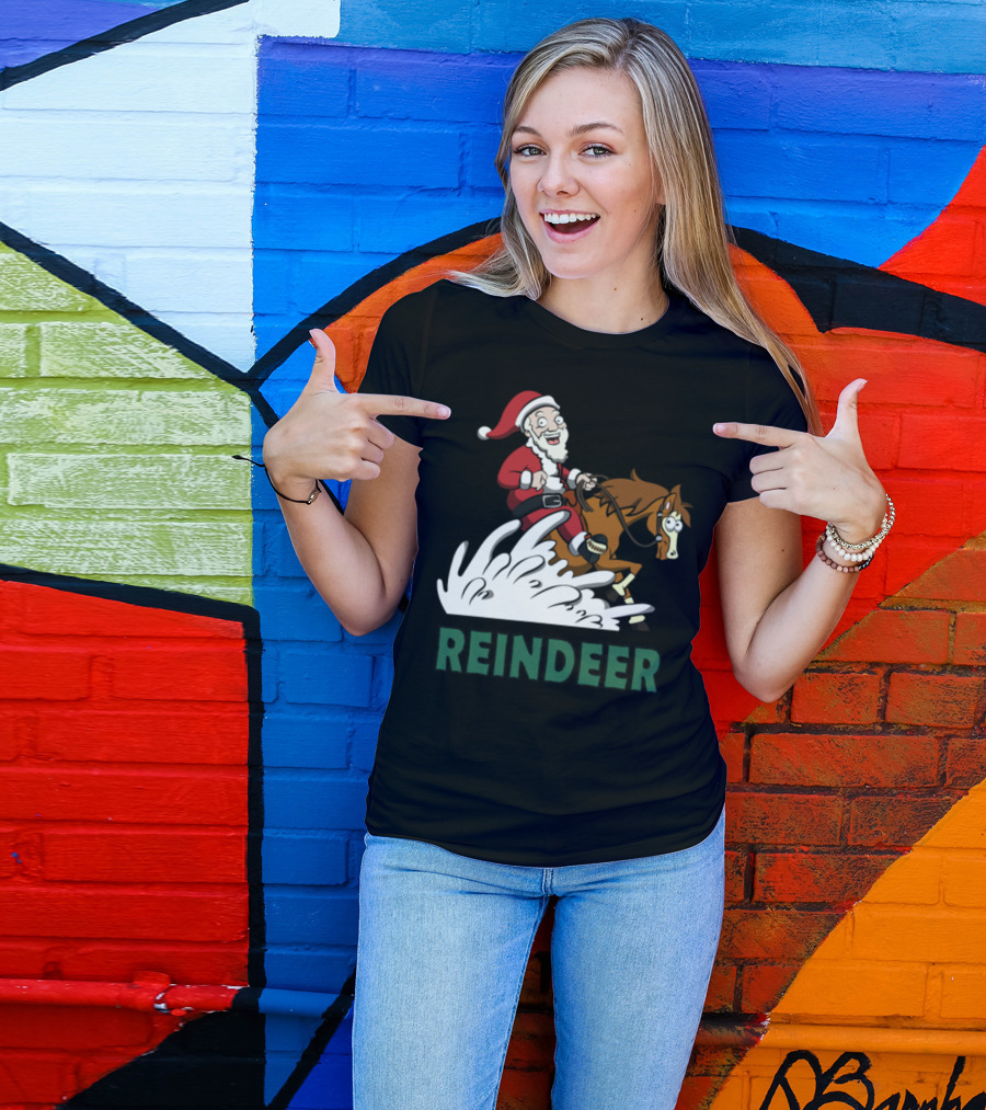 Santa Riding Reindeer In Western Style Scene T-Shirt