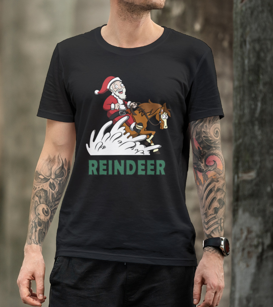 Santa Riding Reindeer In Western Style Scene T-Shirt