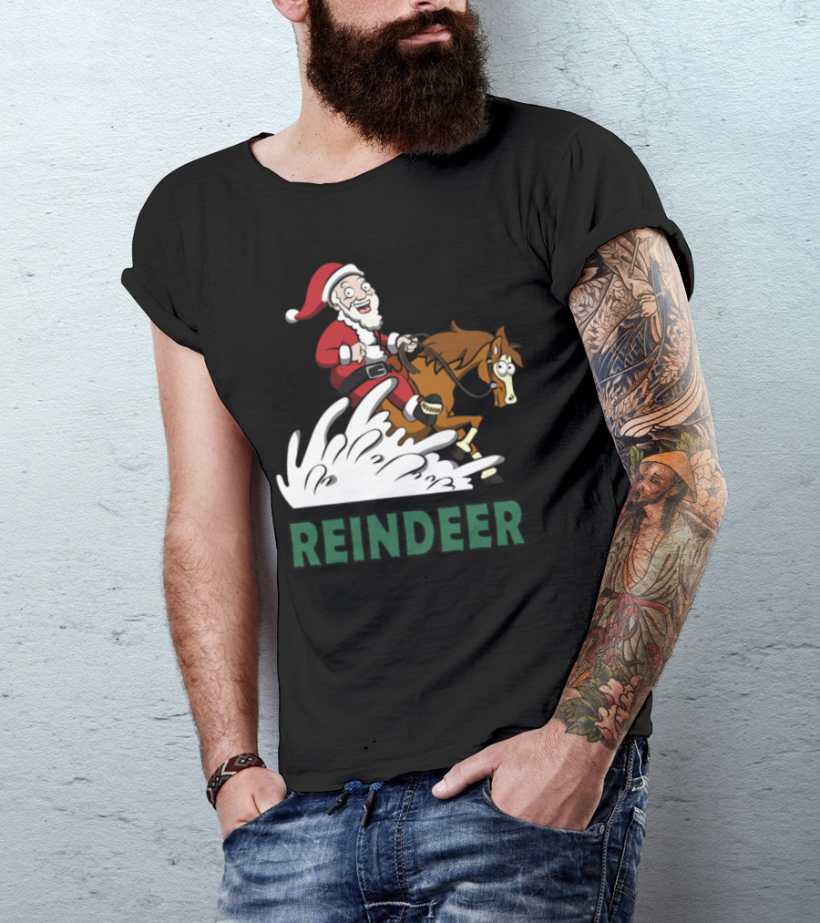 Santa Riding Reindeer In Western Style Scene T-Shirt