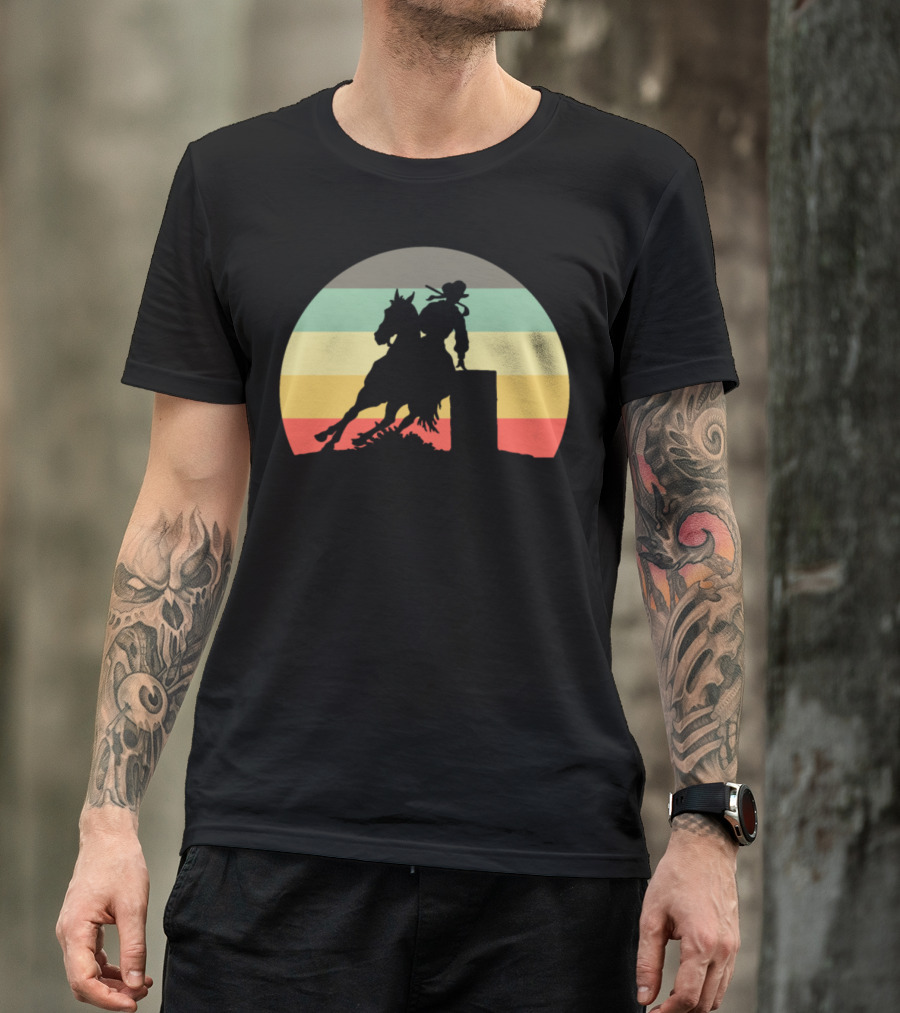 Retro Barrel Racing Horse Silhouette Sunset Stripe T-Shirt