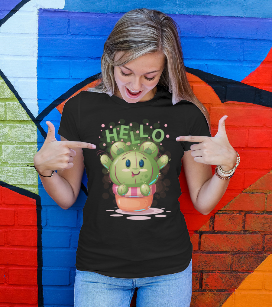 Hello Cute Bear Cactus Tree Plant T-Shirt