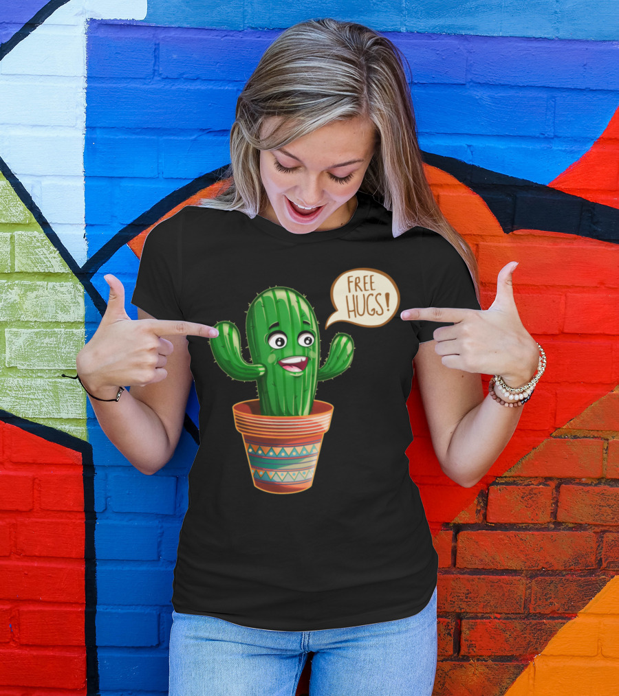 Free Hugs Cactus Cartoon In Decorative Pot T-Shirt