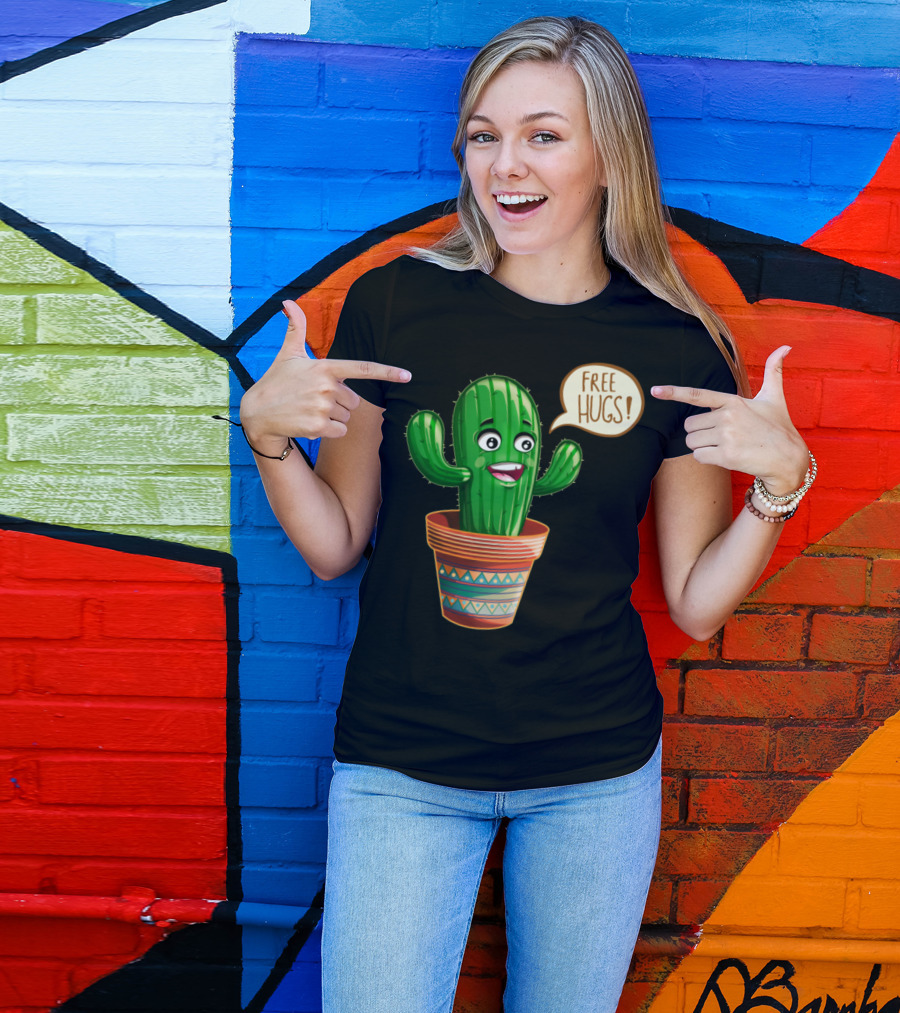 Free Hugs Cactus Cartoon In Decorative Pot T-Shirt