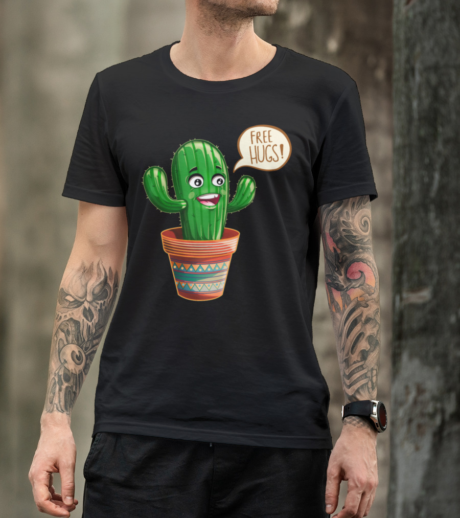 Free Hugs Cactus Cartoon In Decorative Pot T-Shirt