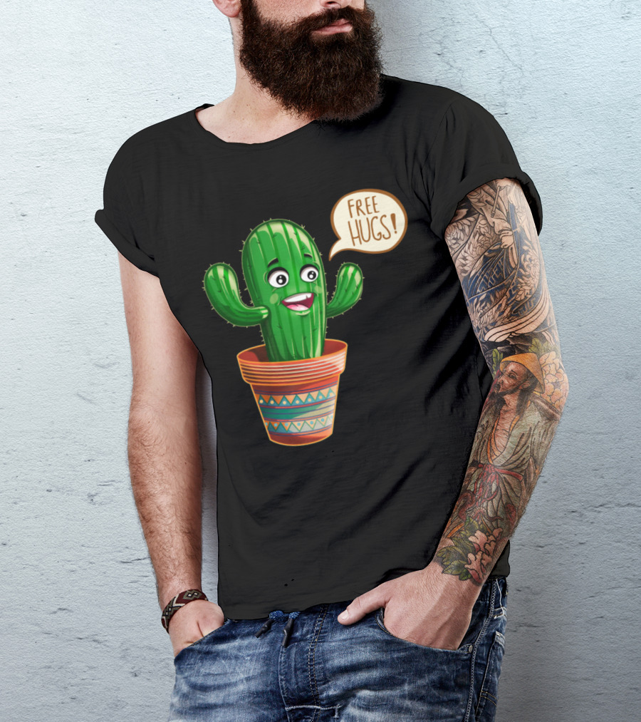Free Hugs Cactus Cartoon In Decorative Pot T-Shirt