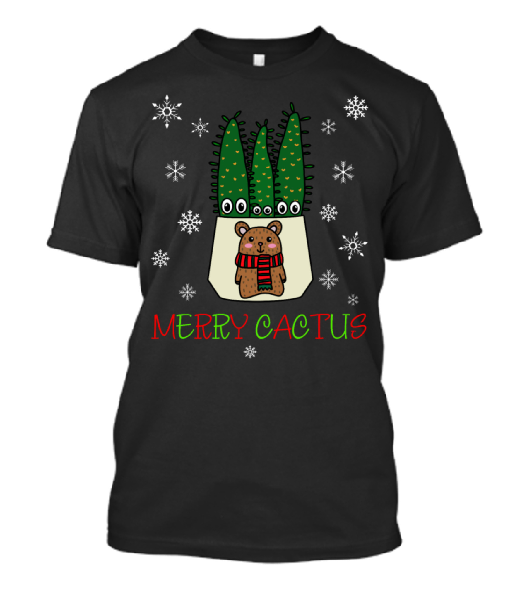 Merry Cactus Bear With Festive Cacti And Snowflakes T-Shirt