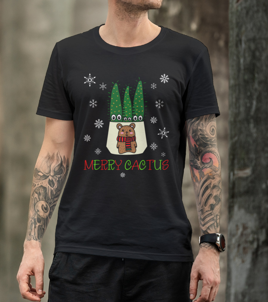 Merry Cactus Bear With Festive Cacti And Snowflakes T-Shirt