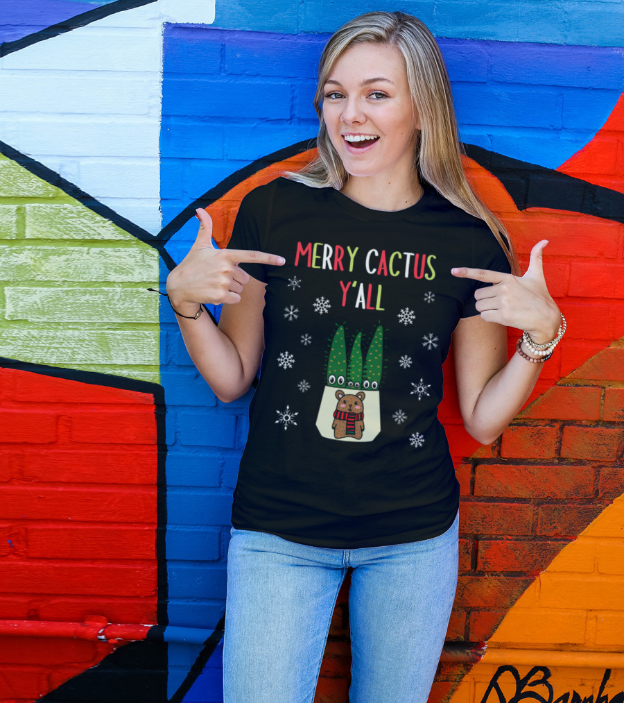 Merry Cactus Y'All Bear Cacti Snowflakes T-Shirt