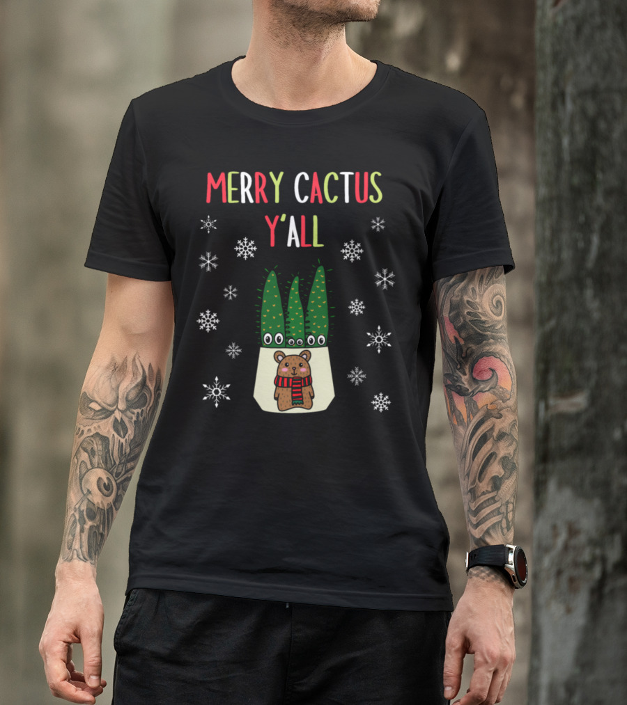 Merry Cactus Y'All Bear Cacti Snowflakes T-Shirt