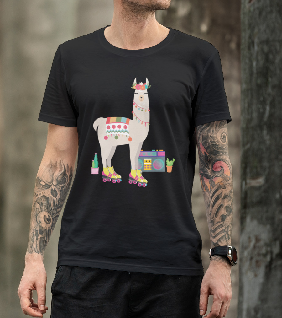 Retro Llama Roller Skate Derby 70s 80s Boombox Cactus Vibes T-Shirt