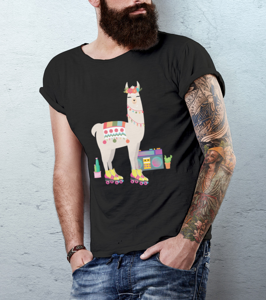 Retro Llama Roller Skate Derby 70s 80s Boombox Cactus Vibes T-Shirt