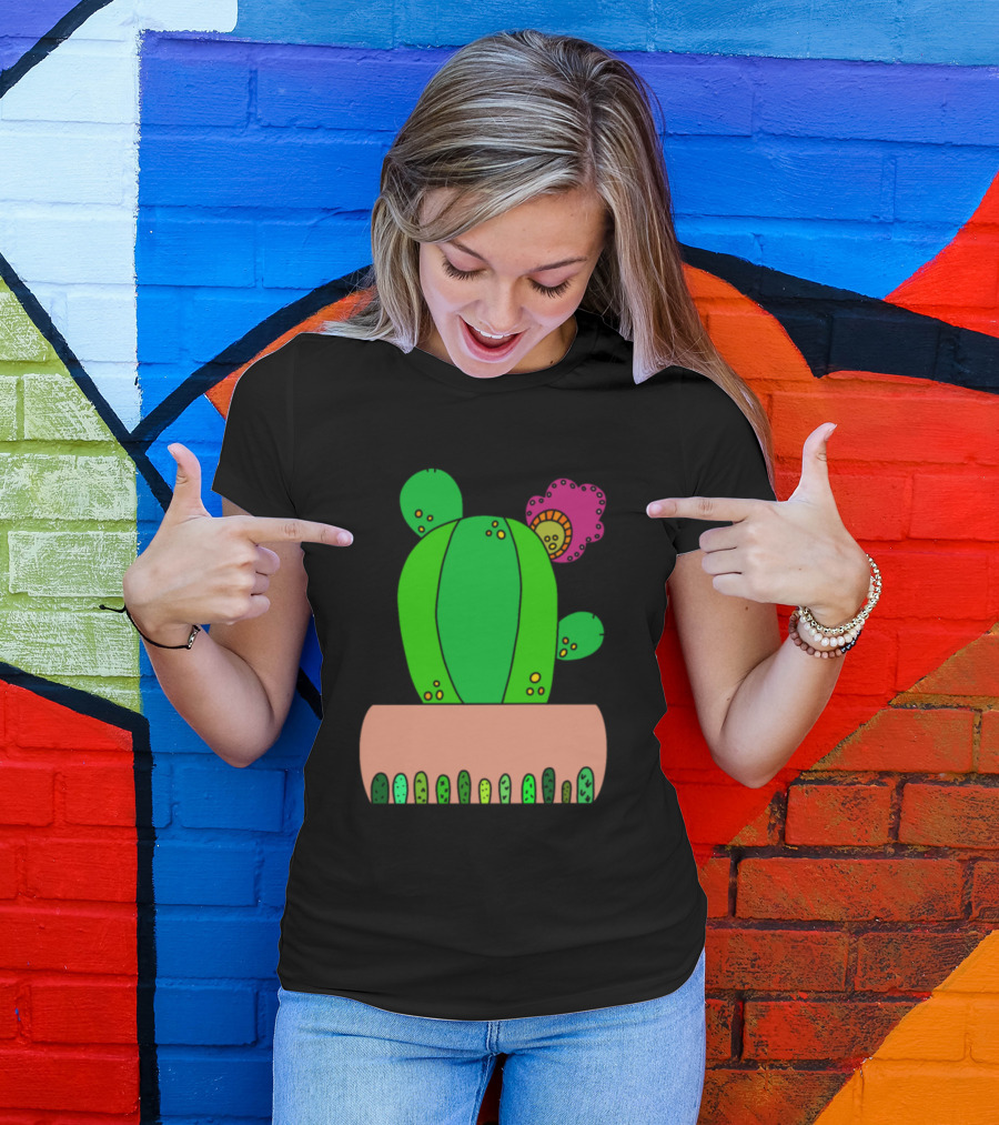 The Pretty Cactus In Colorful Pot With Pink Flower And Green Dot T-Shirt