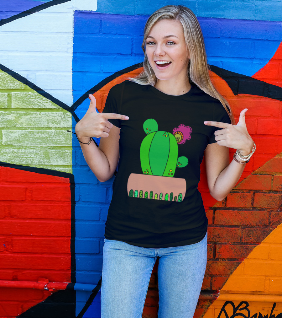 The Pretty Cactus In Colorful Pot With Pink Flower And Green Dot T-Shirt