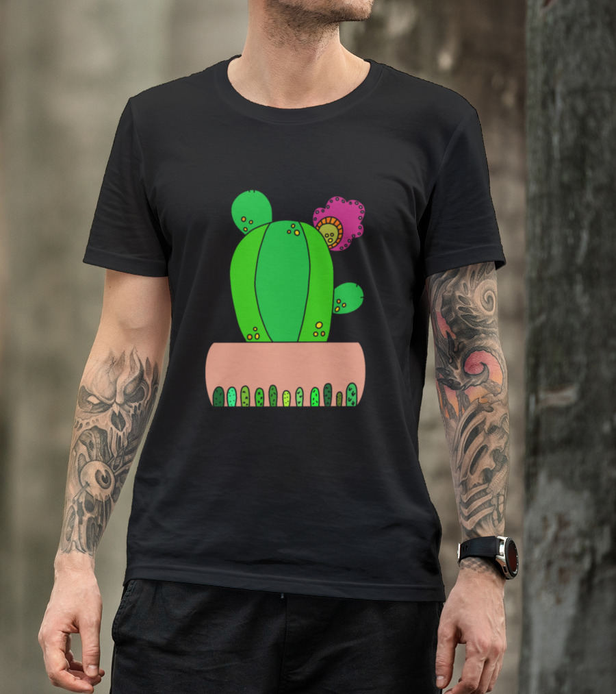 The Pretty Cactus In Colorful Pot With Pink Flower And Green Dot T-Shirt