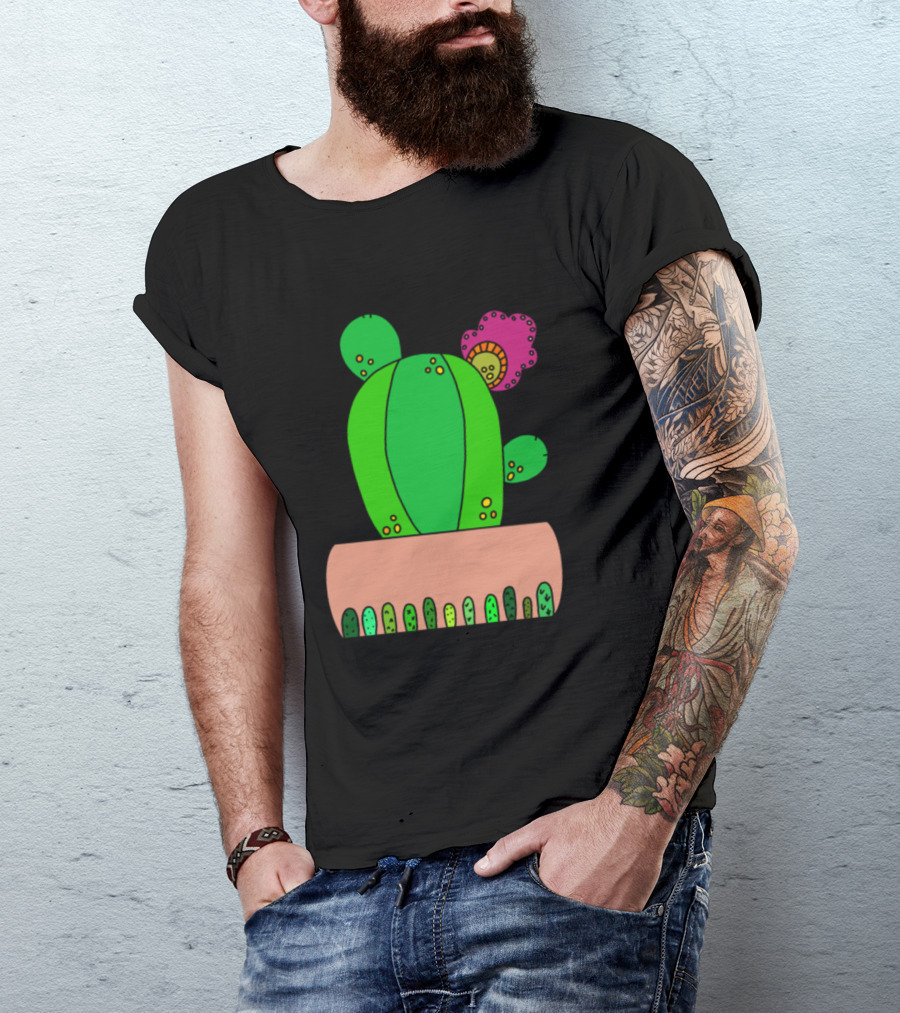 The Pretty Cactus In Colorful Pot With Pink Flower And Green Dot T-Shirt