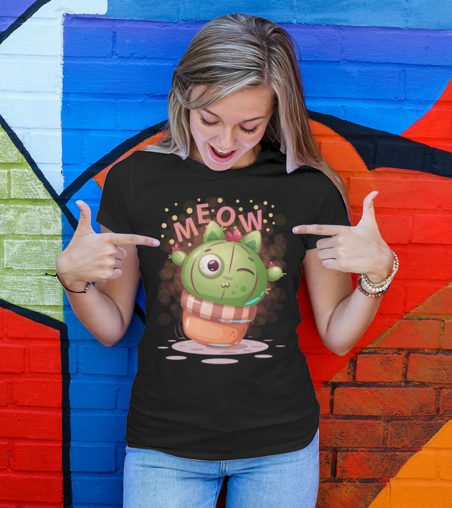 Trending Cactus Cat Meow Cute Plant Kitty T-Shirt