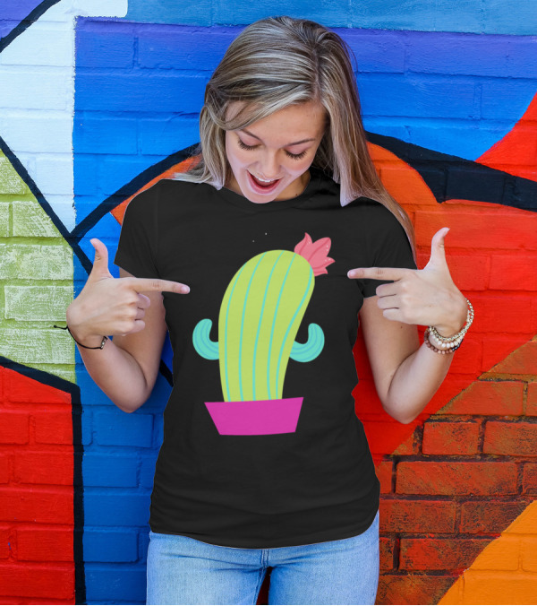 Trending Funny Cactus In Pink Pot With Flower And Teal Arms T-Shirt