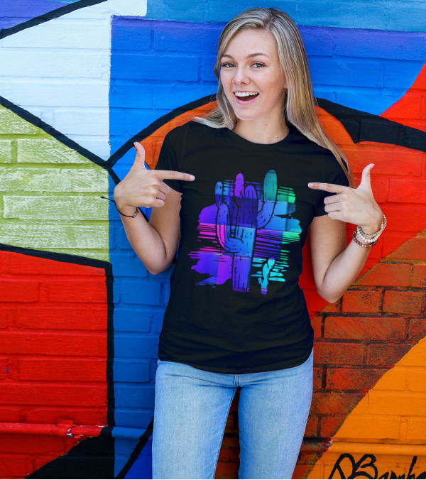 Trending Funny Cactus Motif Neon Gradient Desert Scene T-Shirt