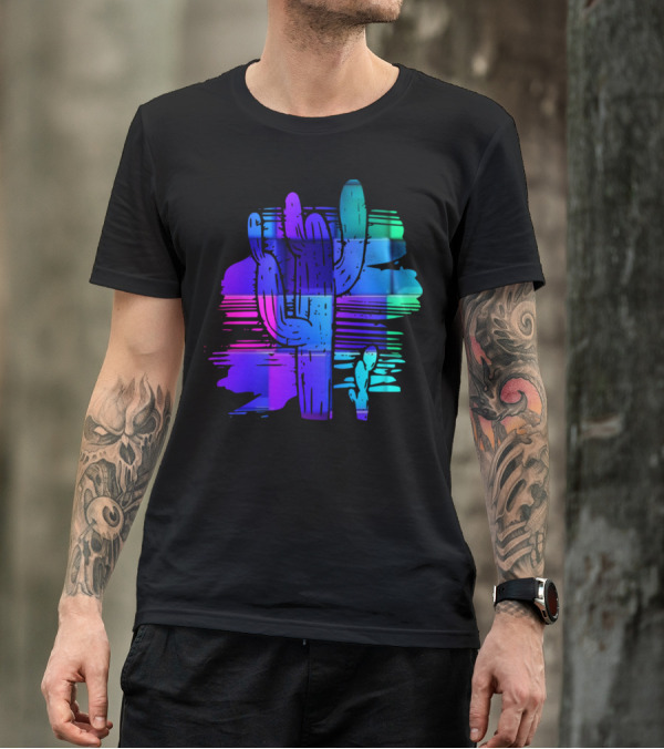 Trending Funny Cactus Motif Neon Gradient Desert Scene T-Shirt