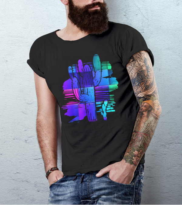 Trending Funny Cactus Motif Neon Gradient Desert Scene T-Shirt