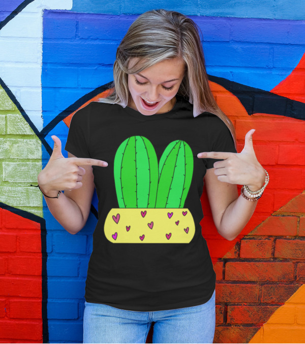 2 Cacti In Love With Hearts In Yellow Pot T-Shirt