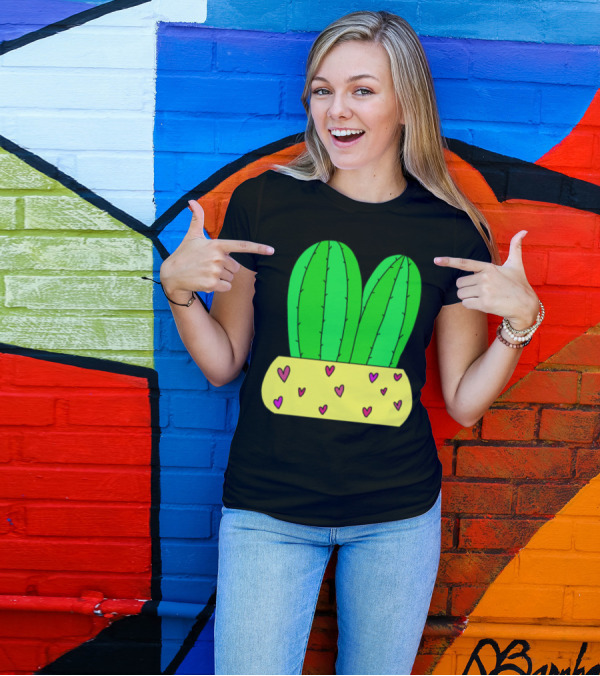 2 Cacti In Love With Hearts In Yellow Pot T-Shirt