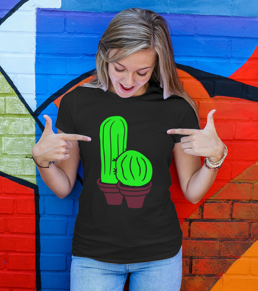2 Kakten Flowerpot Small Green Cactus Balcony Cartoon Duo T-Shirt