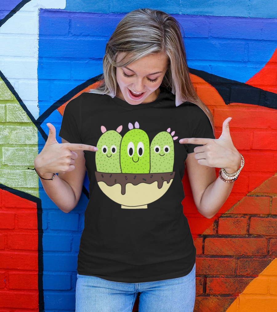 Cacti Trio Smiling In Chocolate Sprinkled Bowl T-Shirt